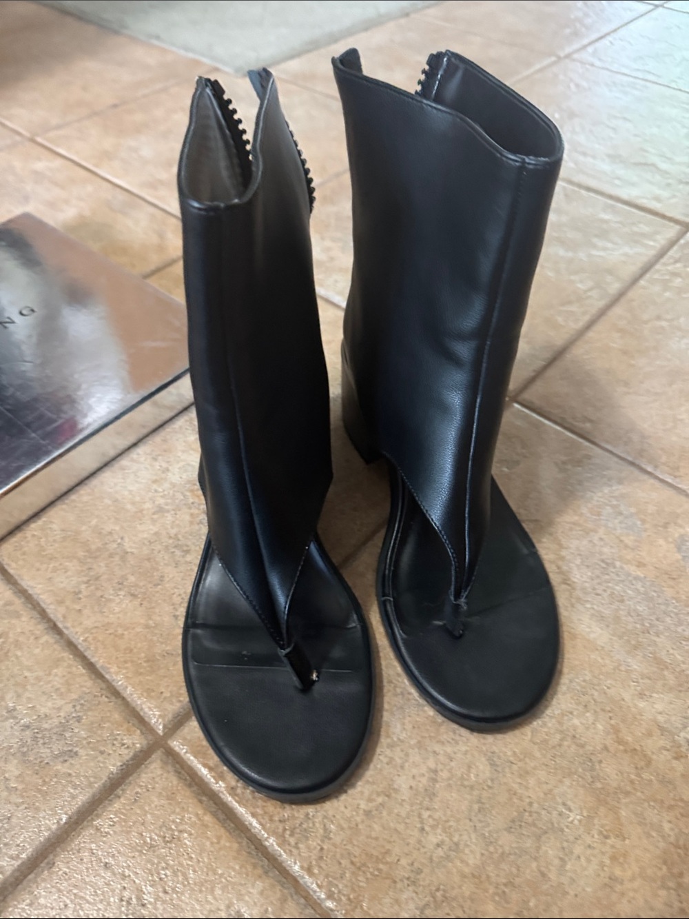 Women's Black Leather Thong Sandal Boot